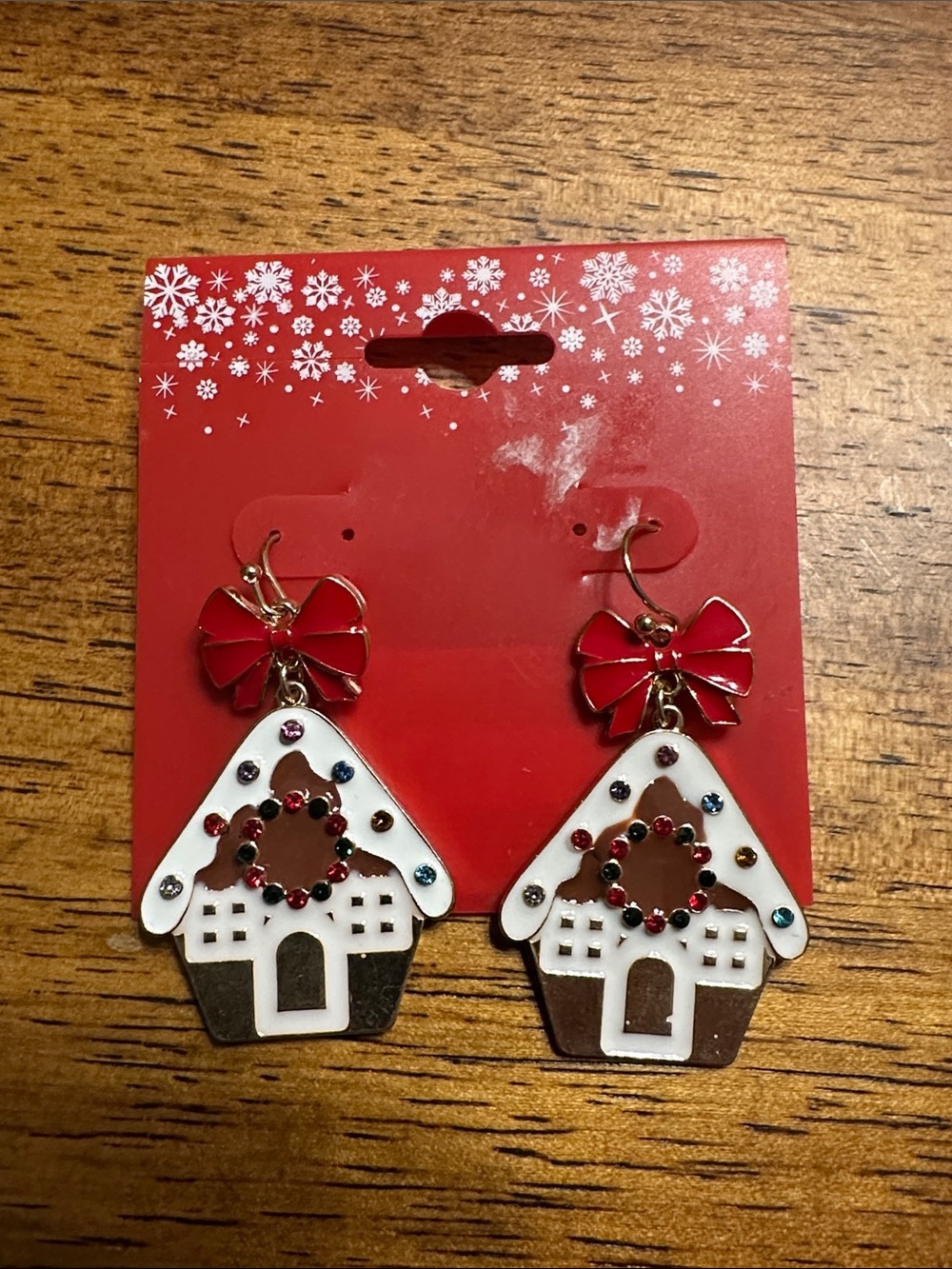 Kohl's Red and White Gingerbread House Drop Earrings with Multicolor Rhinestones